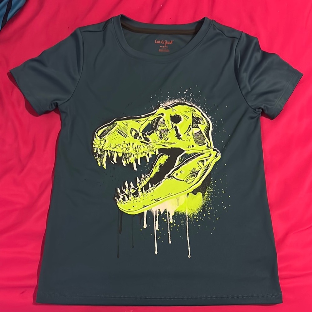 Cat & Jack Kids T-Rex Skull Tee - Teal and Neon Green